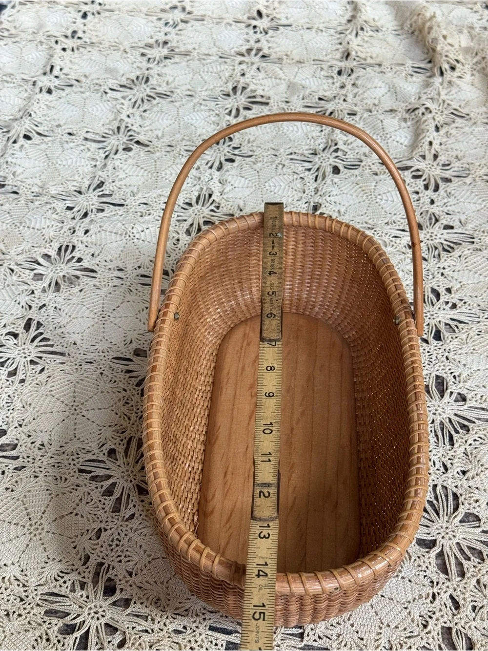 Vintage Woven Basket with Quilted Fabric Liner & Wood Handle Cottage Decor